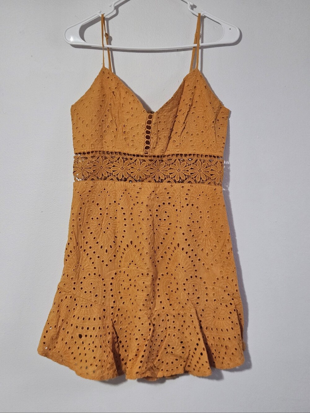 Fashion Nova Eyelet Spaghetti-Strap Dress in Mustard Size L (Runs Like A M)